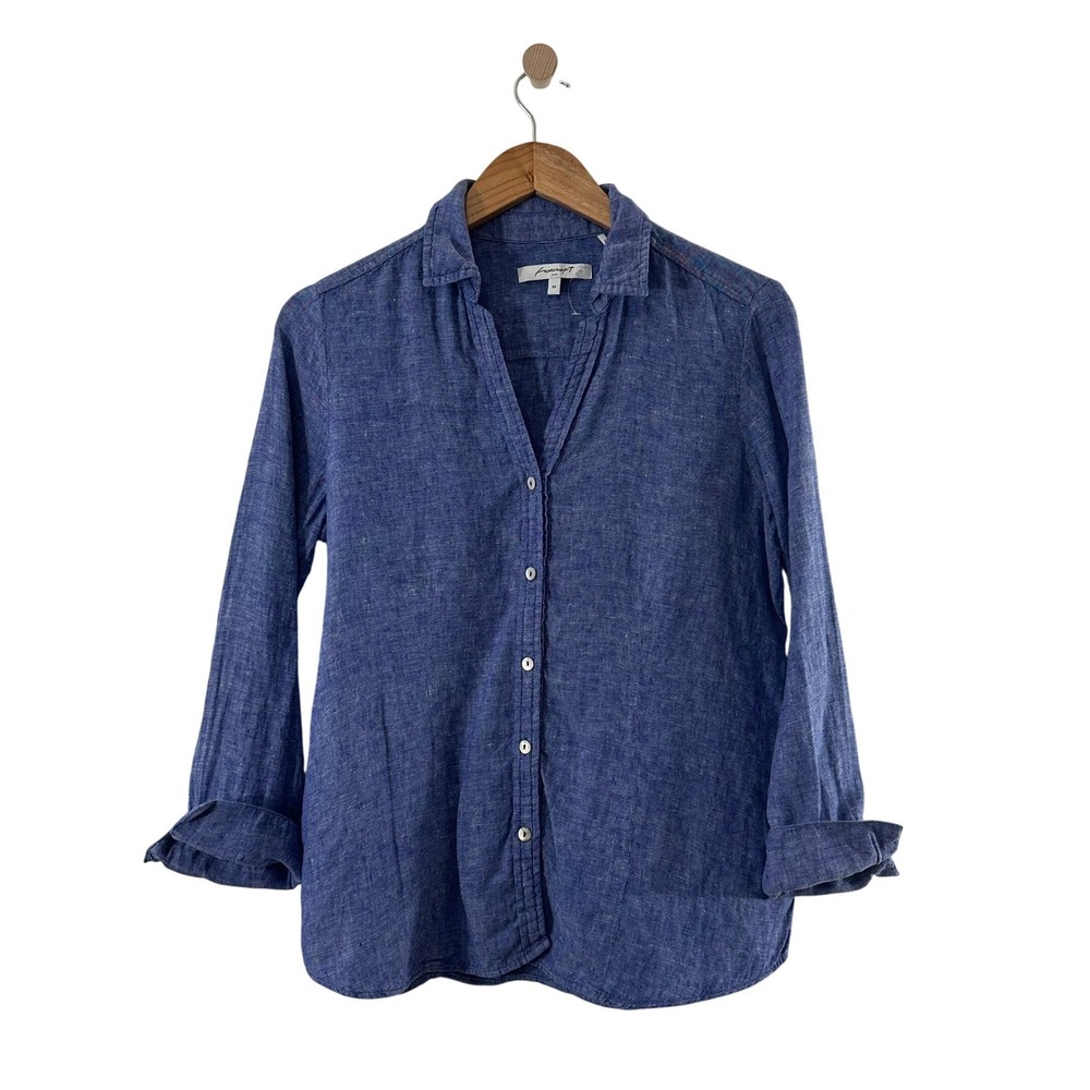 Foxcroft NYC Womens Medium Blue 100% Linen Button Up Shirt Long Sleeve Collared
